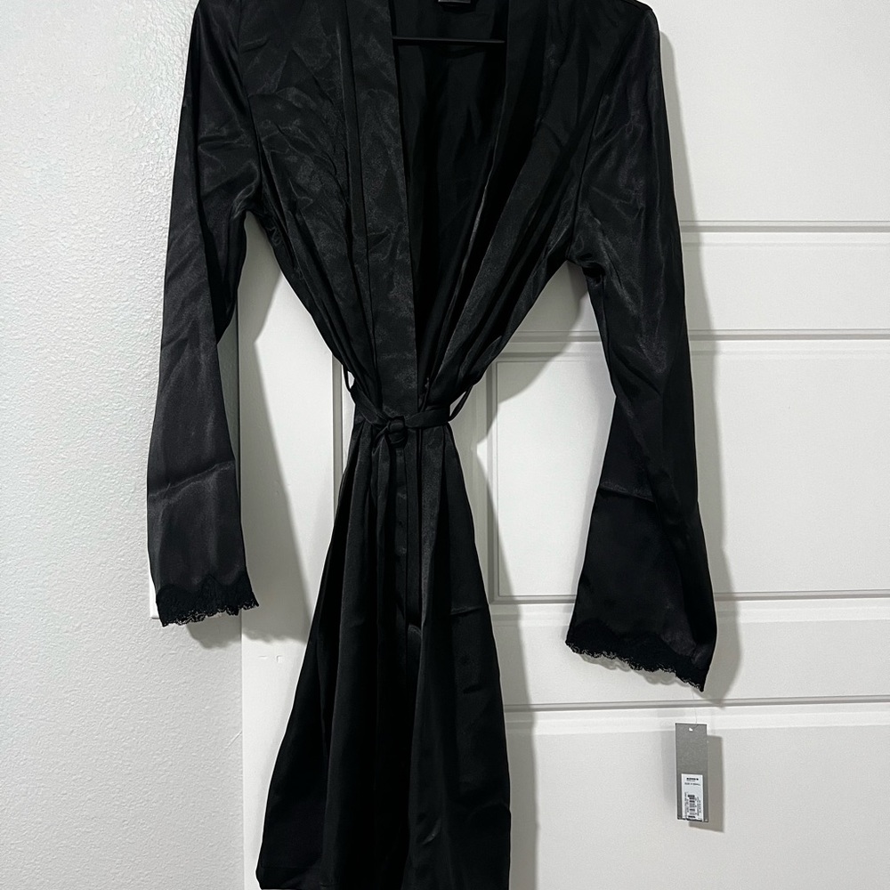 NWT. Apt. 9 Black Satin Robe with Tie Belt